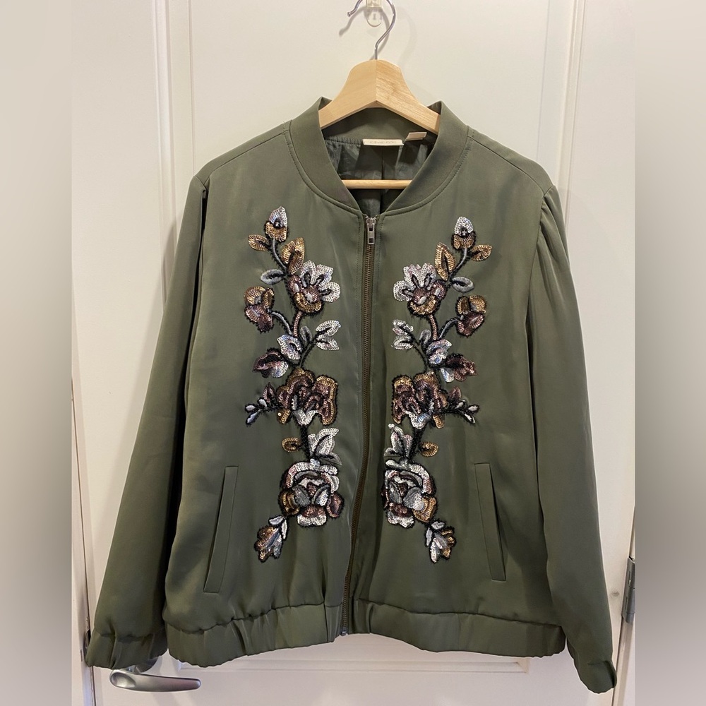 Chico’s Green Sequin Bomber Jacket Size 3